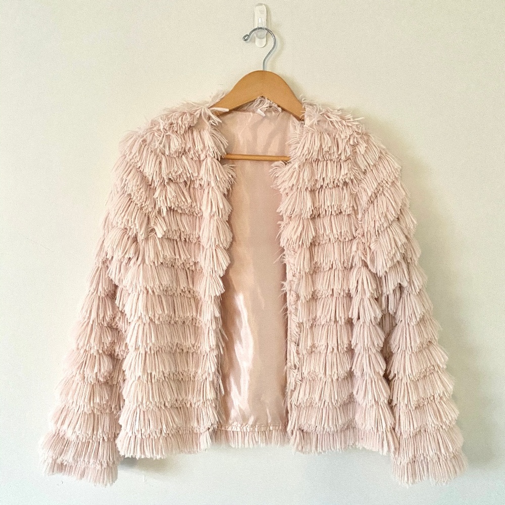 Nude Pink Faux Fur Fringe Jacket